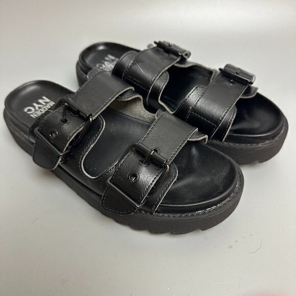 Madden NYC Sandals Womens 8 Black Lug Footbed Chunky Double Strap Shoes Y2K 90's - Picture 1 of 7